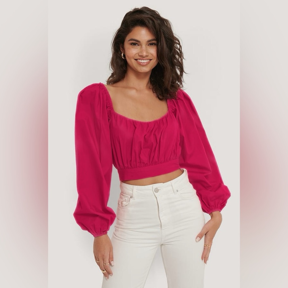 NAANAA Pink Puff Sleeve Crop Blouse